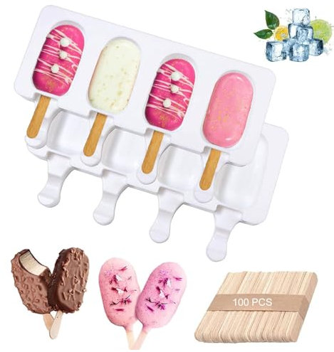 Eisformen Silikon Formen, Stieleisformen, 2 Stück 4 Zellen Backform Eis Am Stiel, BPA Frei Kuchen Eis am Stiel Backform, 50 Eisstiele Holz, Kuchenform DessertformEiscreme form