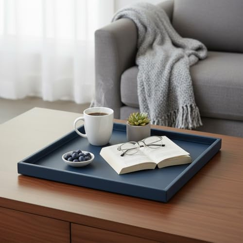 Galopgen 20-inch Square Ottoman Serving Tray - Textured PU Leather Coffee Table Decor, Waterproof Heat-Resistant Large Organizer for Home, Office, Bed & Party Essentials (Navy Blue, 20 * 20in)