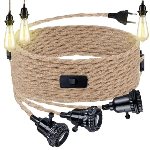 Kit lampada a sospensione in corda di canapa con 3 lampadine, portalampada a sospensione con spina, E27 cavo lampada vintage con interruttore, cavo lampada luce sospesa con 3 fiamme, per sala da