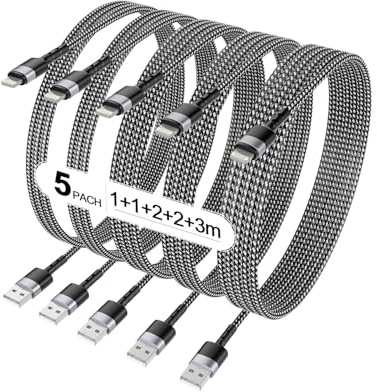 Cavo di Ricarica iPhone, Cavo USB Lightning 5 Confezioni da 1m/2m/3m [Certificato Apple MFi] Cavo di Ricarica Rapida Nylon iPhone USB a Lightning 2.4A per iPhone 14 13 12 11 XR XS X 8 7 6 6s Plus SE