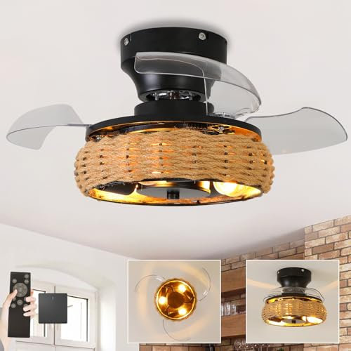 Industrial Hemp Rope Ceiling Fan with Lights and Remote Control Retro Chandelier with Retractable Blades 6 Speed Silent Fan Light for Farmhouse Bedroom20in Cage