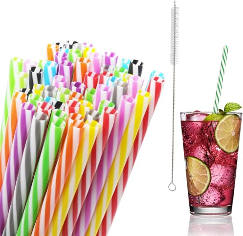 100 Stück Strohhalme Plastik, 23 cm Trinkhalme Plastik mit Strohhalmbürste, Strohhalm Wiederverwendbar, Plastikstrohhalme für Smoothies, Saft, Cocktail, Heißgetränk