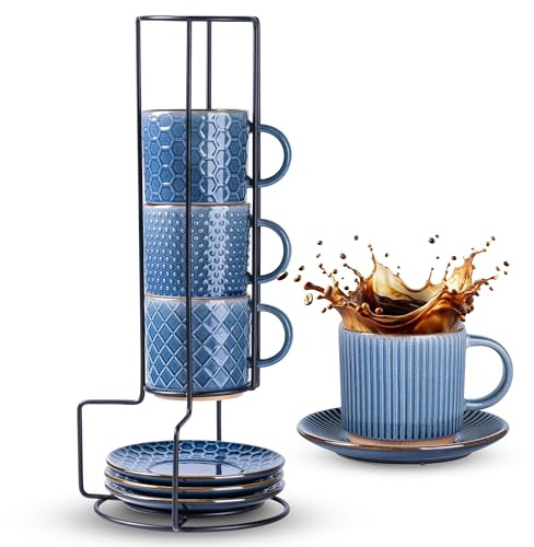 GBhome 8 OZ Stackable Coffee Mugs Set of 4, Ceramic Coffee Cups Set | Coffe Cups With Saucer and Stand ,Ideal for Daily Use&Gifts, Microwave&Dishwasher Safe, Moonlight Blue