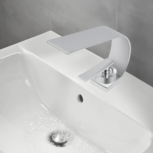 Grifo de baño con cascada, moderno grifo de acero inoxidable, grifo de lavabo con monomando, grifos para agua fría y caliente (plata)