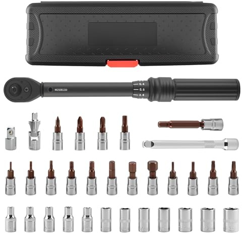 Homvvi 1/4'' Torque Wrench Set 33Pcs Bike Torque Wrench 2-24 Nm | Bike Torque Wrench Socket Wrench Set with 3/8'' Adapter, 100mm Extension Bar, for Bike Motorcycle Repair, ±3% Accuracy