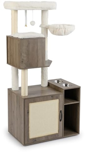 GOPLUS Mueble para Arena de Gatos, Árbol Rascador para Gatitos con Caseta, Hamaca, Casita Escondida, Palo de Sisal, 2 Comederos, Rascadores y Pelotas, Armario Moderno para Gatos de Interior (Gris)