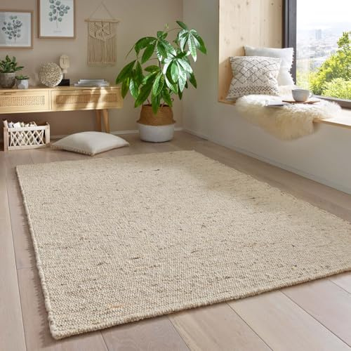 Taracarpet Gewalkter Wollteppich Lambrecht Handgewebt Wohnzimmer – Handwebteppich Schurwolle – Webteppich Wolle Natur für Schlafzimmer, Esszimmer, Küche Beige meliert 130 x 190 cm