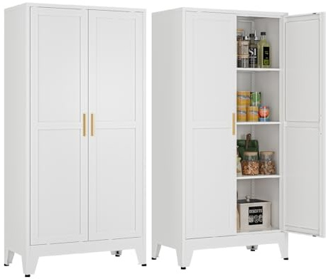 MetaCate lnov Mehrzweckschrank 70 cm Breit, Küchenschrank mit 2 Türen, Verstellbarer 4-Stufiger Metallschrank, Vorratsschrank, Allzweckschrank, für Küche, Esszimmer, Wohnzimmer und Homeoffice-Weiß-C