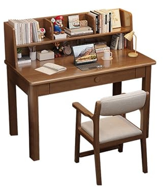 Esspoxi Home Office Schreibtisch mit Aufbau, Kompakter Arbeitstisch aus Echtholz mit Stauraum-Regal und Stuhl, Platzsparender Bürotisch Sekretär für kleine Räume & Wohnzimmer(Walnut,31.5in)