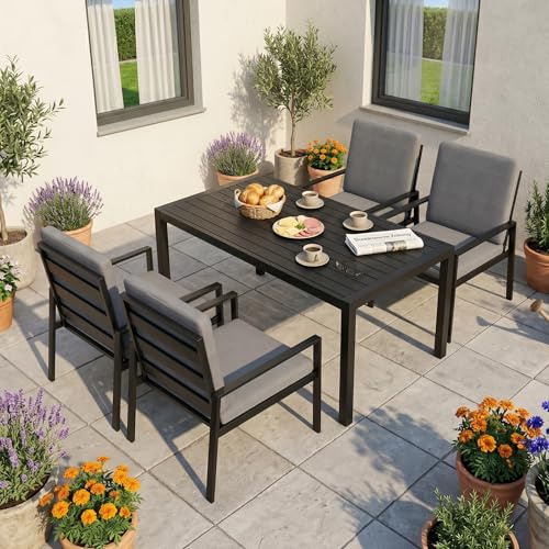 LANOX Gartenmöbel Set mit Tisch & 4 Stühlen – 5-teiliges Garten Essgruppe aus Metall & Aluminium, 140×80 cm Gartentisch, wetterfest, mit Kissen & WPC Tischplatte, Schwarz