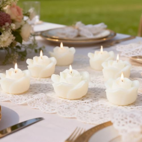 Veiuwa Candele a forma di fiore, confezione da 50 candele tealight in cera di soia alla vaniglia bianca