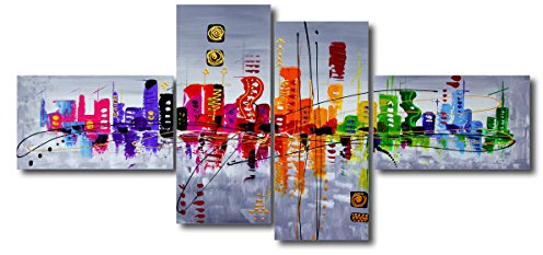 Visario Leinwandbild 4-teilig XXL 160x70 cm 6515 - Bunte abstrakte Skyline - Regenbogenfarben mit Spiegelung - Wandbild-Set fertig aufgespannt auf Holzrahmen