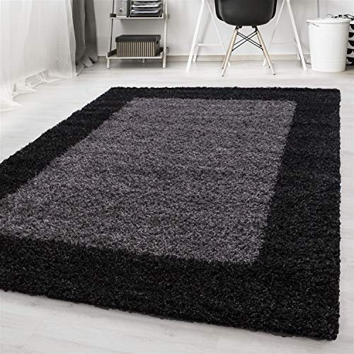 Ayyildiz Teppich-Hochflor Shaggy Teppich Bordüre Muster Wohnzimmer, Polypropylen, Anthrazit, 80 X 250