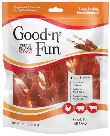 Good ‘n’ Fun Triple Flavor Wings Chews for All Dogs, 12 Ounces, Treat Your Dog to Long-Lasting Chews Made with Chicken, Pork Hide and Beef Hide