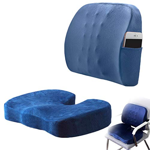 NANANA Sitzkissen Orthopädisch und Lordosekissen Set für Auto, Büro, Rollstuhl, Ischias Schmerzlinderung, Kurzer Plüsch, Schutz Taille und Schützende Hüfte,Blue