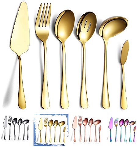 HOMQUEN 6 Piezas de Dorado Juego de Cubiertos,Incluye Servidor de Pastel, Cuchara Ranurada para Servir, Cuchara para Servir, Tenedor para Carne Fría, Cuchillo para Mantequilla, Cucharón para Sopa