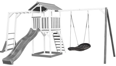 AXI Beach Tower Spielturm aus Holz in Weiß & Grau | Spielhaus für Kinder mit Grauer Rutsche, Klettergerüst, Nestschaukel und Sandkasten | Stelzenhaus für den Garten.