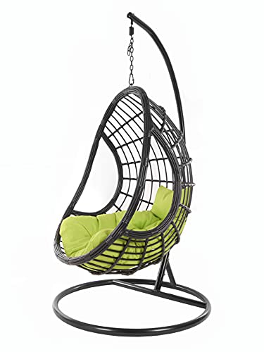 Kideo Komplettset: großer Hängesessel mit Gestell & Kissen, Korbsessel, Poly-Rattan, schwarz (Kissen: grün Chesterstepp (6068 Apple Green), Korb & Gestell: schwarz)