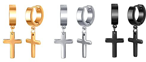 Feilok 3 Paar Creolen Ohrringe Set Ohrstecker Hypoallergen Edelstahl Huggies Creolen Silber Damen Ohrringe Set Kreuz Ohrhänger für Damen Herren Silber Schwarz Roségold