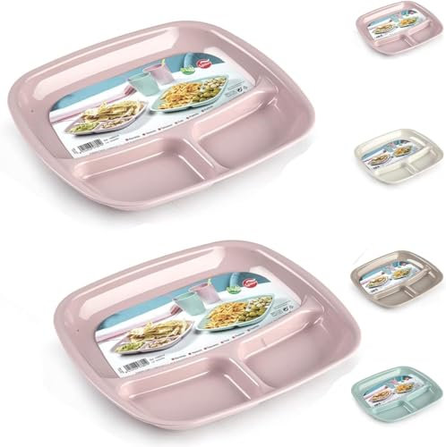 Plastic Classic Serving Bowl Dish Tray for Cereal Curry Pasta Xmas Party Dessert Snack Picnic, Stackable, Reusable Tableware Bowls (2 x 3 Compartment Tray Pink)