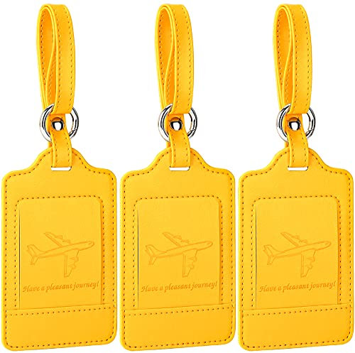Teskyer 3 Pièces Etiquette Valise, Etiquette Bagage Valise, Etiquette Valise Voyage Avion, cuir PU, Durable, Esthétique, aide à l' Identification, Jaune
