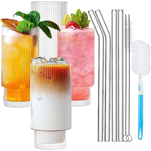 MOYKSRR Cocktail Gläser 4er Set, 300ml/11oz Geriffelte Gläser, Eiskaffee Gläser, Saftglas, Longdrinkgläser mit 4 Glasstrohhalmen, 2 Strohhalmbürsten, 1 Glasbürste für Familie, Restaurant, Party, Bar