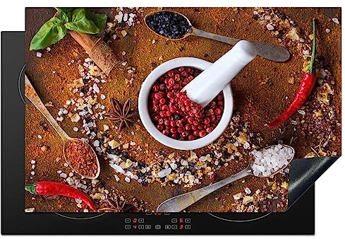 KitchenYeah© Protege Couvre Plaque De Cuisson Deco Cuisine Tapis Protection Protecteur Induction 81x52 cm Mortier - Herbes - Cuillères - Epices - Marron - Poivre