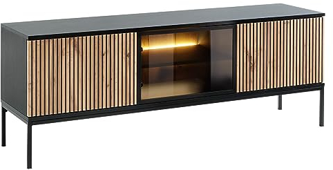 Mirjan24 TV Lowboard Selvix RTV154 mit 4 Fächer und 2 Türen, B:154 x H:56 x T:39 cm Griffloses Öffnungssystem, Fernsehschrank, Fernsehtisch Unterschrank TV Schrank (Schwarz Graphit/Eiche Wotan)