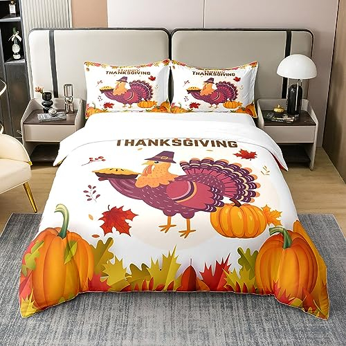 Türkei 100% Baumwolle Bettbezug,Nette Wilde Türkei Bettwäsche Set 220x240,Thanksgiving Herbst Ernte Tröster Abdeckung,Rustikale Ahorn Blätter Kürbis Bett Sets mit 2 Kissenbezüge Schlafzimmer Dekor