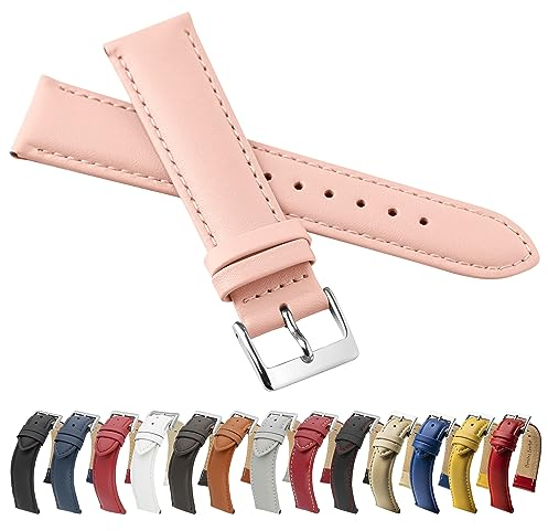 MARCHEL LLB Bracelet de montre en cuir véritable, cuir lisse, cuir de vache, cuir fin, Rose, 16 mm, Classique