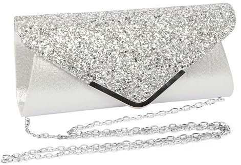 Fililogor Pochette Donna, Pochette da sera da donna Borsa a Spalla Catena elegante da Borse Cerimonia Paillettes con Catena Staccabile Bag Wedding Bridal Prom Party Borsa della frizione,argento