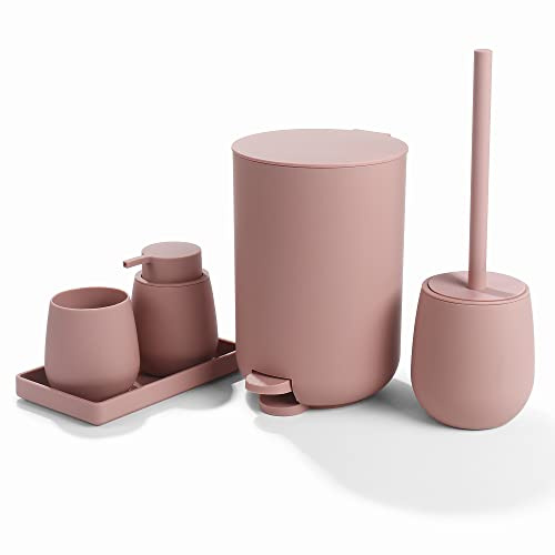 GAHEFY Kleines Badezimmer-Zubehör-Set mit kleinem Mülleimer, 3 Liter, Zahnbürstenhalter, Seifenspender, Schminktisch, WC-Bürste und Halter, Rosa, 5 Teile