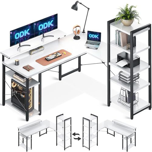 ODK Corner Desk with Shelves, Reversible L Shaped Desk with Monitor Stand, Reversible Home Office Table, White, 140×137 cm