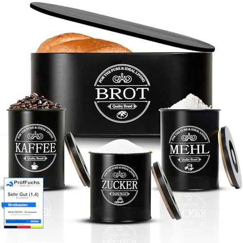 IDEALTASTIC® Premium Brotkasten 4er Set, Zuckerdose, Mehl Aufbewahrung & Kaffeedose luftdicht, Brotbox schwarz I Vorratsdosen je 500g & 1x Brot I Frische & Eleganz in Ihrer Küche