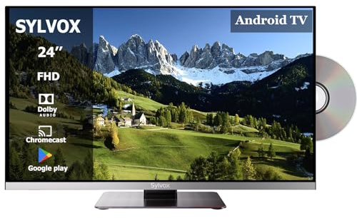 SYLVOX 24 Zoll 12V Smart TV für Wohnmobil, eingebauter DVD Player, Sat Satellit Decoder, Android Fernseher Truck Cruises Trailer Support RJ45 & WiFi, Rahmenlos 1080P FHD
