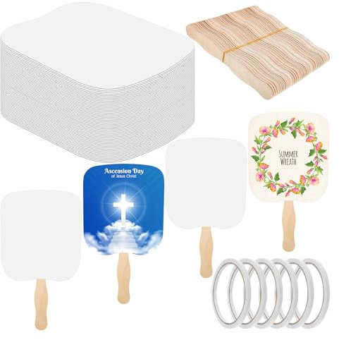 LAIAMER 50 Church Fans Handheld Set, Wedding Fans Graduation Fan Paper Fan Bulk for DIY Crafting Painting Hand, Included Blank Cardstock Handle Craft Wooden Sticks Double Sided Tape