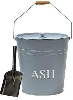 Trendi 15 Litre Grey Metal Ash Bucket Wooden Handle & Lid Handle Fireplace Container Coal Storage | Log Holder | Fire Pit Wood Burning Stove Bin, Living Room, Fireplace (ASH Bucket & Shovel)