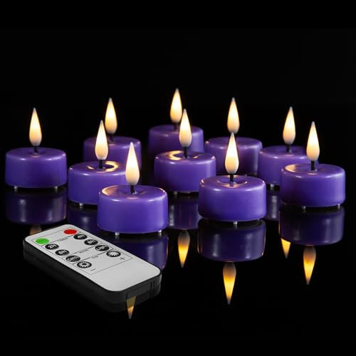 Eywamage Purple Flameless Wax Tea Lights with Remote Control and Batteries, Flickering LED Tea Candle Set of 10