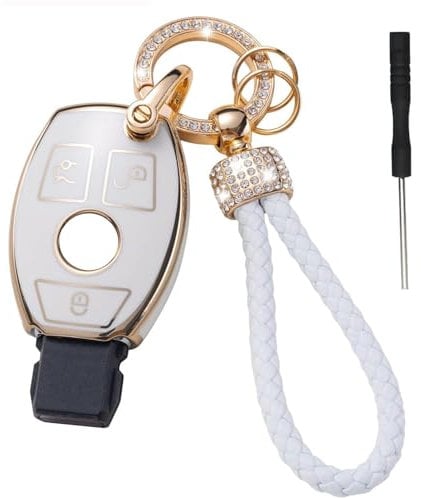 Misuyue Mercedes Schlüssel Hülle für Mercedes Benz A B C E G S R Class GLA GLC GLE GLS SL SLK AMG W212 W204, 3 Tasten Mercedes Schlüssel Cover + Lederanhänger Schlüsselanhänger (weiß)