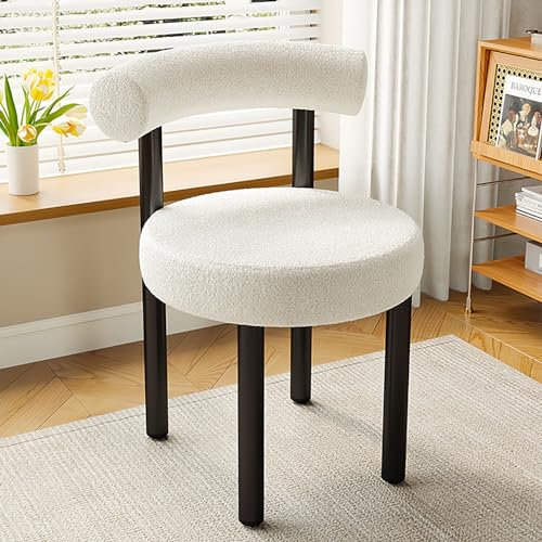 Fauteuil de coiffeuse moderne avec dossier confortable et pieds en métal noir pour salon/réception/chambre à coucher, blanc (45,7 x 45,7 x 45,7 cm)