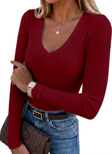 Chicrise Camiseta Manga Larga Mujer Cuello V Ajustada Sexy Jersey Punto Fino Color Sólido Casual Canale Top