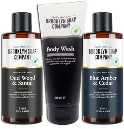 Brooklyn Soap Company 3er Set: 1 x Duschgel Oud Wood & Santal, 300 ml, 1 x Duschgel Blue Amber & Cedar, 300 ml, 1 x Duschgel Body Wash Muskatnuss & Zederholz 200 ml