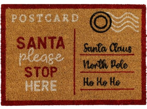 Rugs & More Premium Seasonal Coir Doormats Outdoor - Robust Coconut Fibre Door Mat for Front or Back Entrance - Multiple Styles for Welcoming Home Decor (40 x 57 cm - Santa Stop Here Postcard)