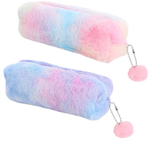 Qehyuelefu 2Pcs Plush Pencil Case for Girls, Cute Rainbow Pencil Case Soft Fluffy Pencil Bag Colorful Pencil Holders Makeup Pouches with Large Capacity, Stationery Storage Bag for School Office
