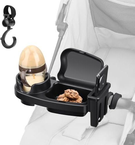 3 in 1 Pram Cup Holder Universal, MYPIN Pram Snack Tray, Removable Stroller Cup Holder, Stroller Snack Tray, Pushchair Cup Holder with Snack Tray, Phone Holder, 360 Degree Rotation for Pram, Pushchair