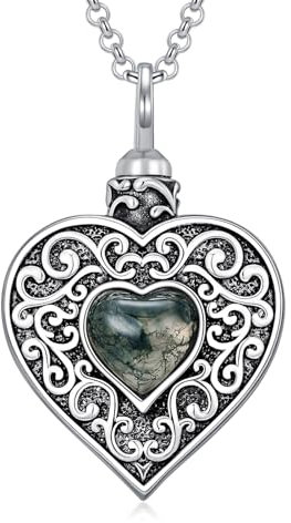 PROESS Herz Urnen Halskette für Asche 925 Sterling Silber Moosachat Schmuck Feuerbestattungs Schmuck Gedenk Geschenke Andenken Schmuck für Frauen