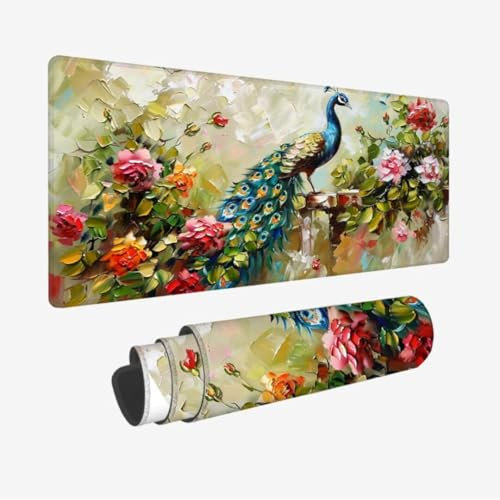 Mauspad Pfau XXL 1200x600x3mm,Mousepad Blumen Schreibtischunterlage,Wasserdicht Gaming Mauspad,Rutschfeste Gummibasis Mouse Pad,Vernähte Kanten Desk Mat,Mauspads für PC,Laptop,Mädchen Geschenke JC-673