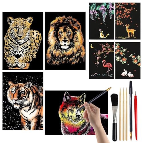 XOKL 8 Stück Kratzbilder, Regenbogen-Kratznotizen mit Kratzwerkzeug-Set Tier-Serie Rainbow Scratch Art für Erwachsene und Kinder (A4/A5 Größe)