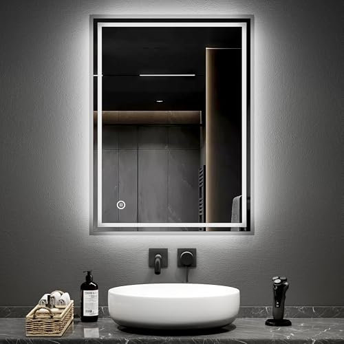 EMKE Illuminated Bathroom Mirror with Shaver Socket, 60 x 80 cm Wall Mounted Bathroom Mirror with Lights and Shaver Socket, Anti-fog/Dimmable/Touch Switch, Hardwired, IP44