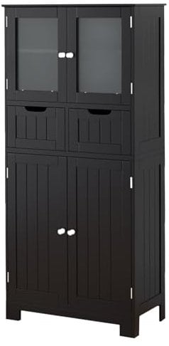 COSTWAY Badschrank mit 2 Schubladen und 4 Türen, Badezimmerschrank mit verstellbaren Regalen, Badkommode Aufbewahrungsschrank für Badezimmer, Küche, Wohnzimmer (Schwarz)